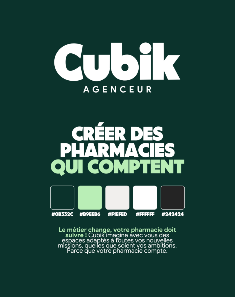 Plateforme de marque Cubik : logo, signature « Créer des pharmacies qui comptent » et palette de couleurs