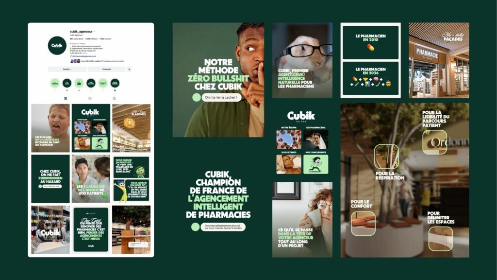 Publications Instagram de Cubik sur fond vert sapin