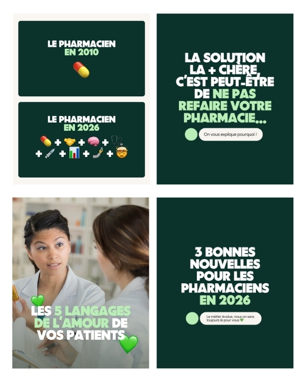 Quatre publications Cubik pour les réseaux sociaux, au ton décalé, adressées aux pharmaciens